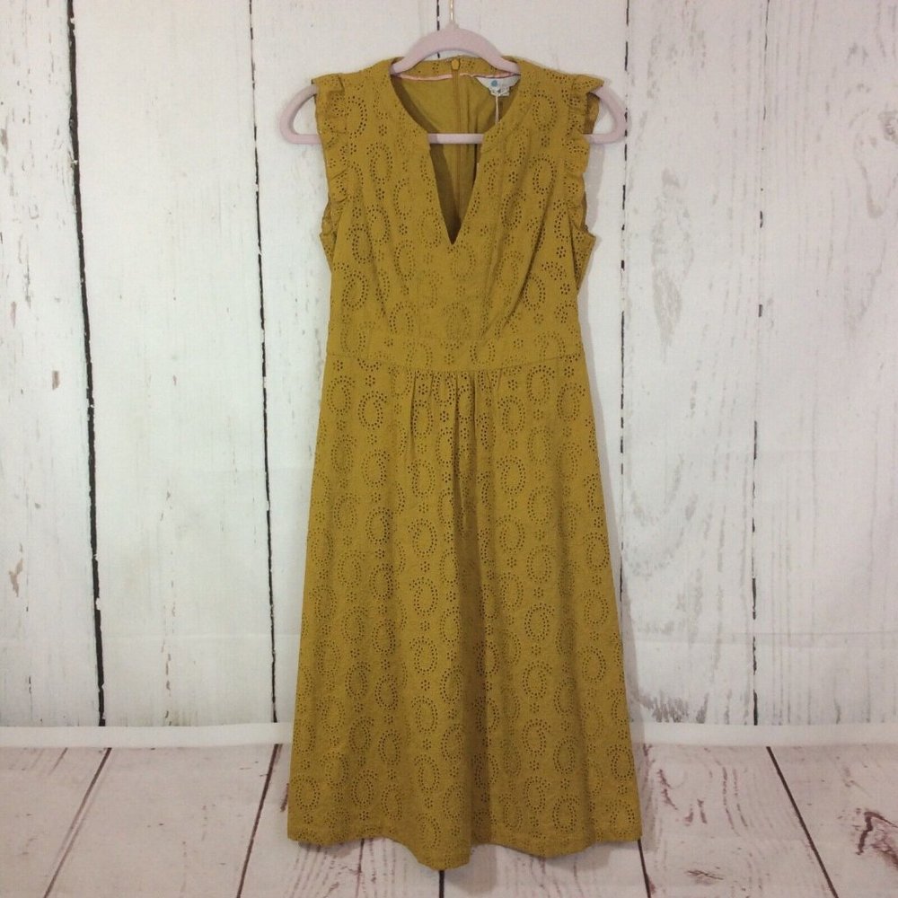 Boden Mustard Yellow Eyelet Dress US 2P/UK 6P A-Line Midi NWT